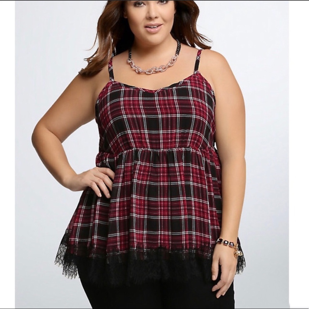 Torrid Red Plaid Lace Trim Babydoll Tank Top